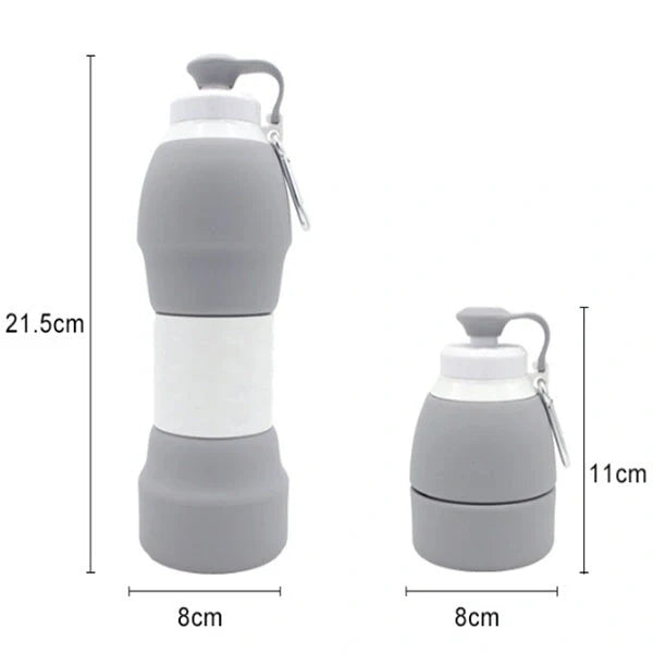 Collapsible silicone water bottle in various colours, perfect for travel and outdoor activities