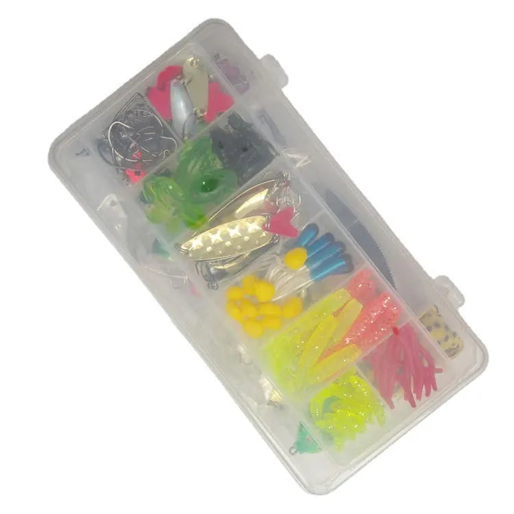 142-piece fishing lure set with metal baits, plastic lures, sequins, and fishing pliers organised in tackle box