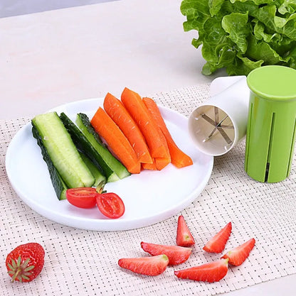 White ABS plastic kitchen slicer with six visible stainless steel blades for cutting cucumbers, carrots, and strawberries.