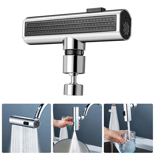 Premium waterfall kitchen faucet with versatile water modes, including waterfall, strong pressure, scraper, and gentle shower settings
