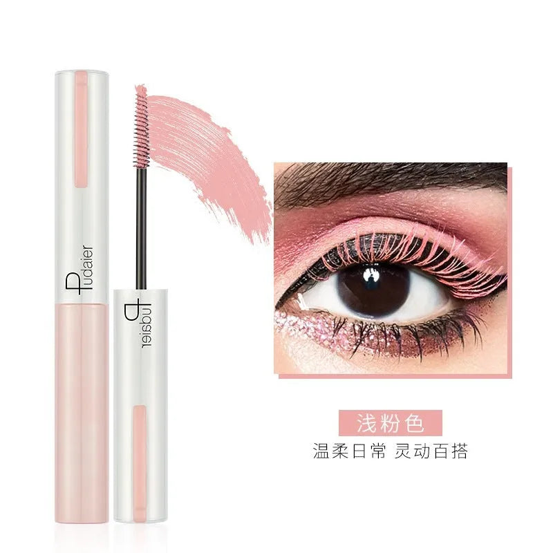 Black waterproof mascara tube with applicator showing curled lash effect