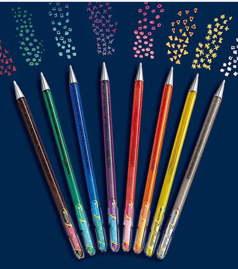 Flash gel pen with 1.0mm tip and pearlescent glitter ink in multiple colour options including black, blue, green, orange, pink, purple, silver and golden finishes