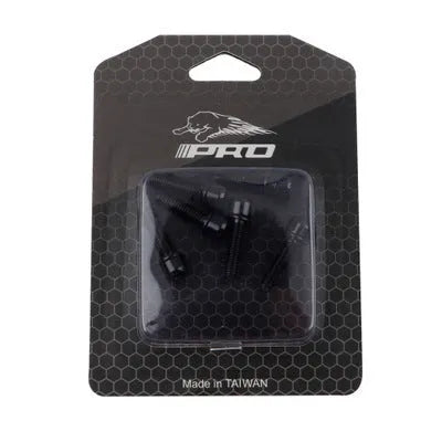 Set of six coloured stainless steel mountain bike handlebar fixing screws on a card.