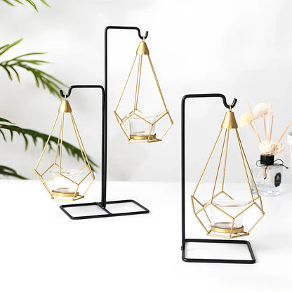 Geometric wrought iron candle holder with angular design, 25cm height and 15cm base diameter