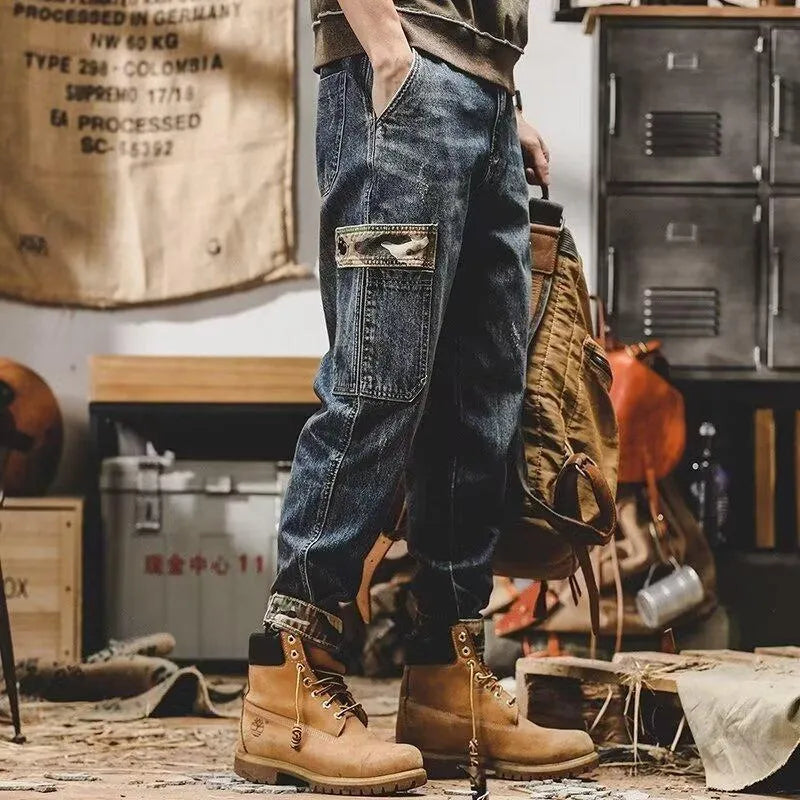Men's blue heavy distressed cargo jeans, loose fit, mid waist, button fly, cotton denim.