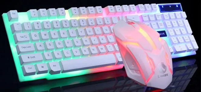GTX300 black and white wired gaming keyboard and mouse set with backlit keys on desk