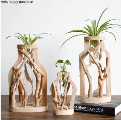 Handcrafted wooden vase with glass container for hydroponic floral displays and home decor