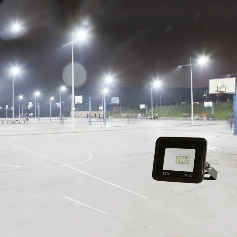 Black LED flood light with aluminium shell and glass cover, IP65 waterproof, 120° beam angle, 10W to 300W, cool white.
