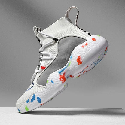 Men's camouflage pattern mesh sneakers with rubber sole, showing striped design and flat base for running