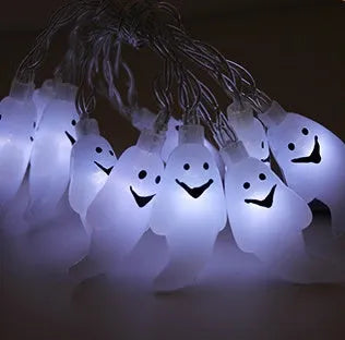 Halloween LED string lights with bat, ghost, and pumpkin pendants on a 1.2 metre white cable.