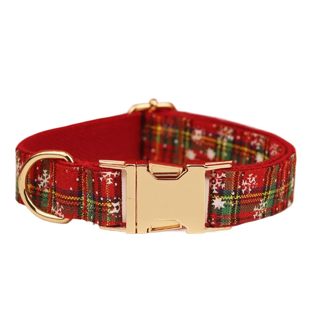 Red Christmas snowflake plaid pattern dog collar and leash set with matching vest and bow tie