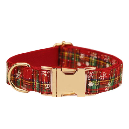 Red Christmas snowflake plaid pattern dog collar and leash set with matching vest and bow tie