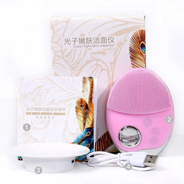 Electric Silicone Face Washer with adjustable vibration and LED skin therapy lights
