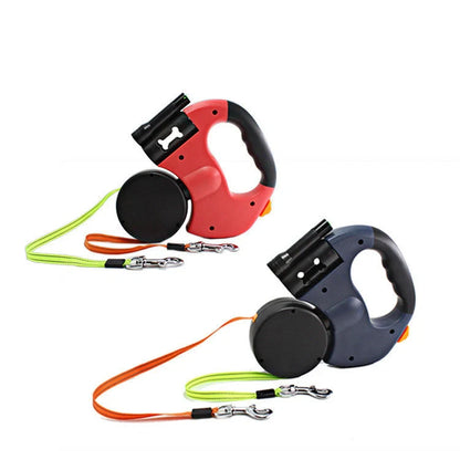 Dual-headed retractable dog leash with LED flashlight for walking two dogs safely at night