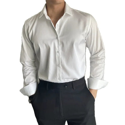 Men's Korean-style slim fit casual shirt in chemical fibre blend fabric available in white black and dark grey