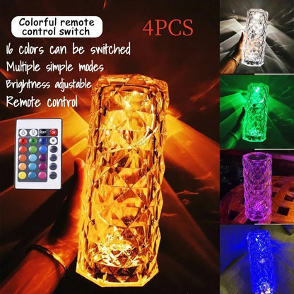 LED rose diamond table lamp with touch switch and three-colour light modes on a wooden table