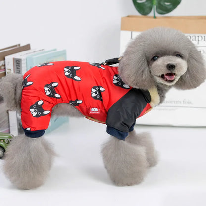 Four-legged dog cotton clothes in black or red, sizes S to XXL, showing back length and bust measurements