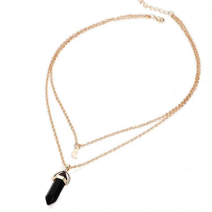 Elegant natural stone hexagonal necklace with double moon and crescent pendant in various colours