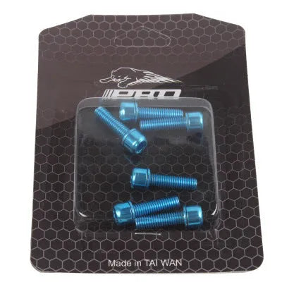 Set of six coloured stainless steel mountain bike handlebar fixing screws on a card.