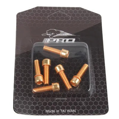 Set of six coloured stainless steel mountain bike handlebar fixing screws on a card.