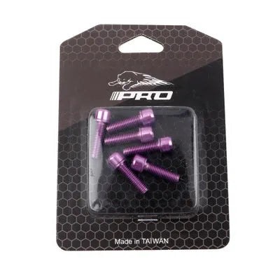 Set of six coloured stainless steel mountain bike handlebar fixing screws on a card.