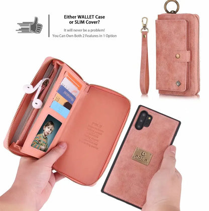 Black PU leather mobile phone wallet case with a zip closure, shown next to cards.
