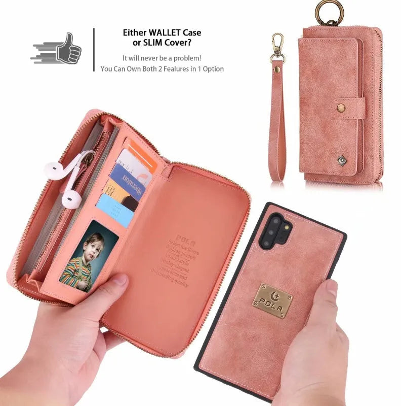Mobile phone zipper wallet case for Samsung and iPhone devices made from PU leather with a solid colour design available in black, brown, red, and pink shades, providing all-round protection and a secure zip closure for your phone, keys, and cards.