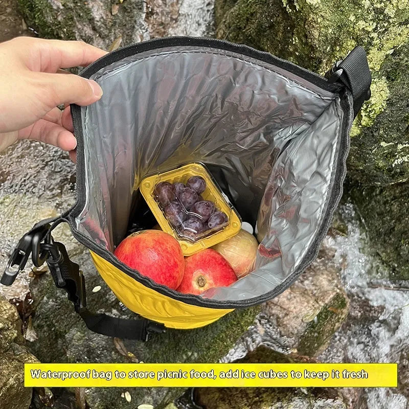 Yellow and black 20-litre PVC waterproof camping backpack with dry wet separation compartments.