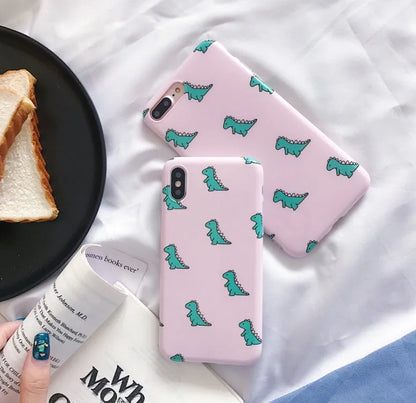 Pink dinosaur phone case with bracket and glossy IMD finish for iPhone models