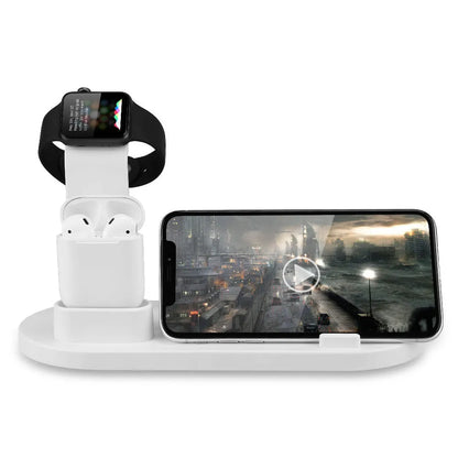 White and black USB charger headphone charging stand with three-in-one functionality