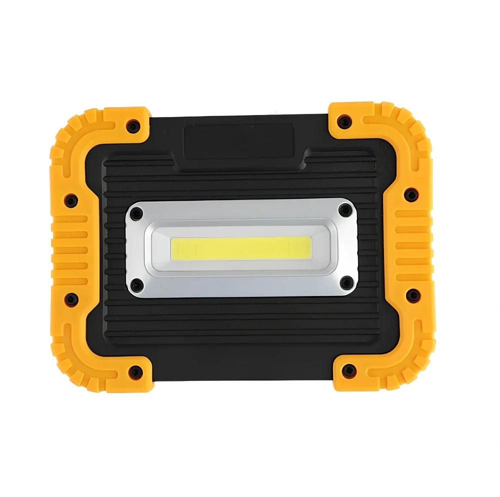 LED camping lantern with rotatable support showing USB ports and battery indicator