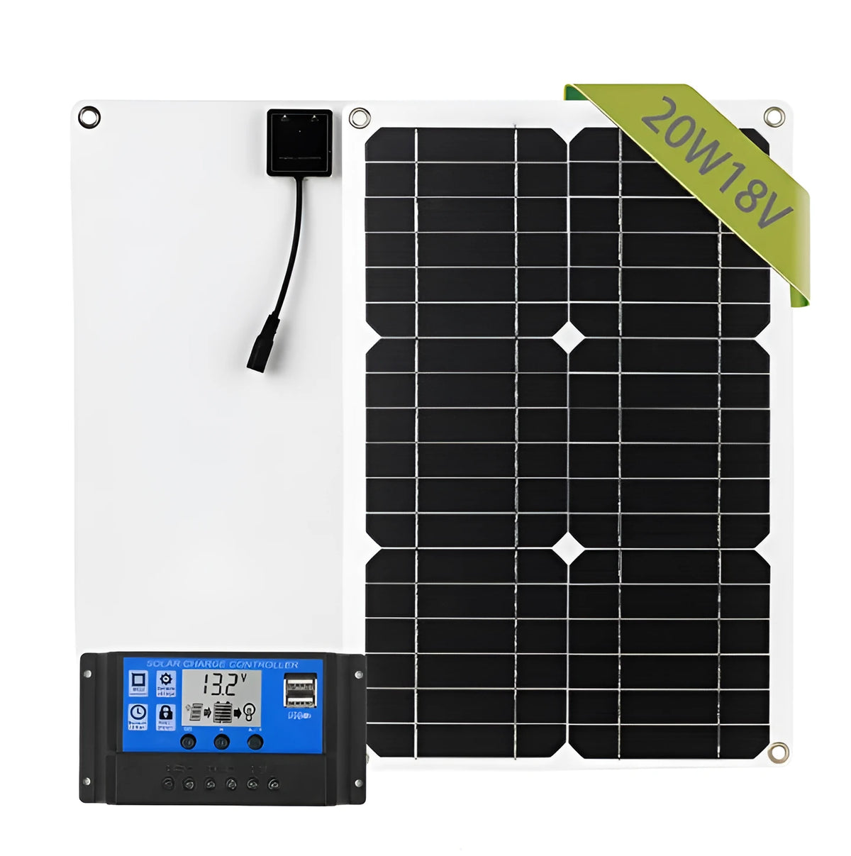 Black and white monocrystalline solar panel, 180W, 420 x 280 mm, with optional black and blue ABS controller