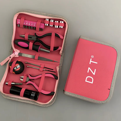 23-piece home repair tool kit in black case with chromium vanadium steel pliers, sockets, flashlight, and screwdrivers, dimensions 173x125x38 mm, 0.5 kg weight