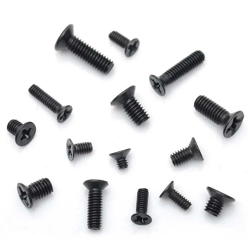 Laptop Screw Set for computer repair and small electronics assembly, featuring black-plated carbon steel machine screws with 1.4mm diameter and 16mm length, available in 450, 650, or 720 piece pack sizes