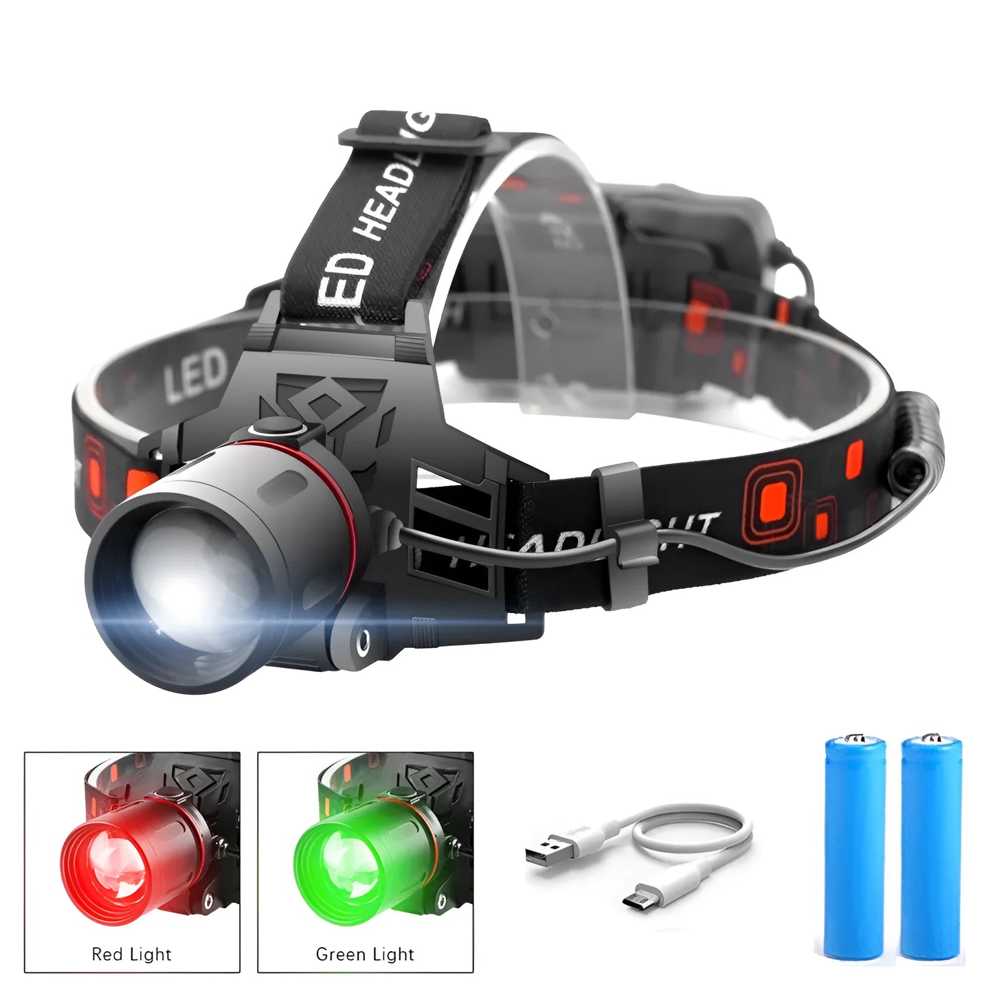 T6 LED zoom headlamp showing white, green, and red light modes with adjustable focus and USB charger.