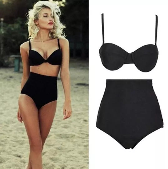 Black retro high waist bikini swimsuit with adjustable straps