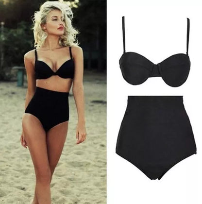 Black retro high waist bikini swimsuit with adjustable straps