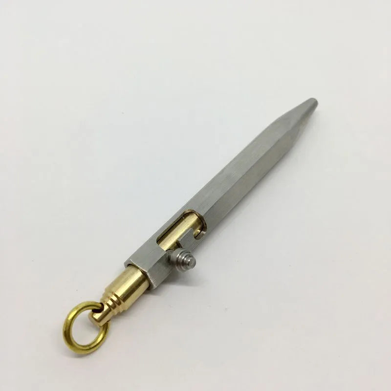 Six-sided stainless steel brass keychain push pen with metal shell and keychain attachment