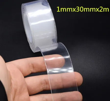 Roll of washable PU nano gel double-sided adhesive tape in various width options on a white background.