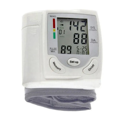 Grey portable wrist blood pressure monitor with digital display and ABS plastic casing