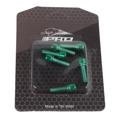 Set of six coloured stainless steel mountain bike handlebar fixing screws on a card.
