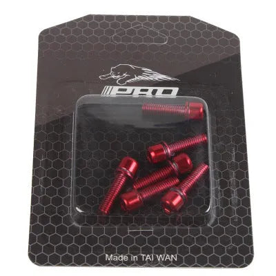 Set of six coloured stainless steel mountain bike handlebar fixing screws on a card.