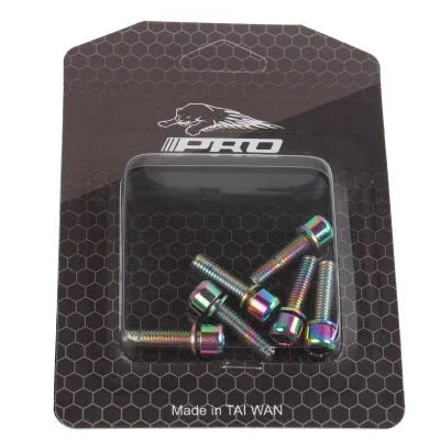 Set of six coloured stainless steel mountain bike handlebar fixing screws on a card.