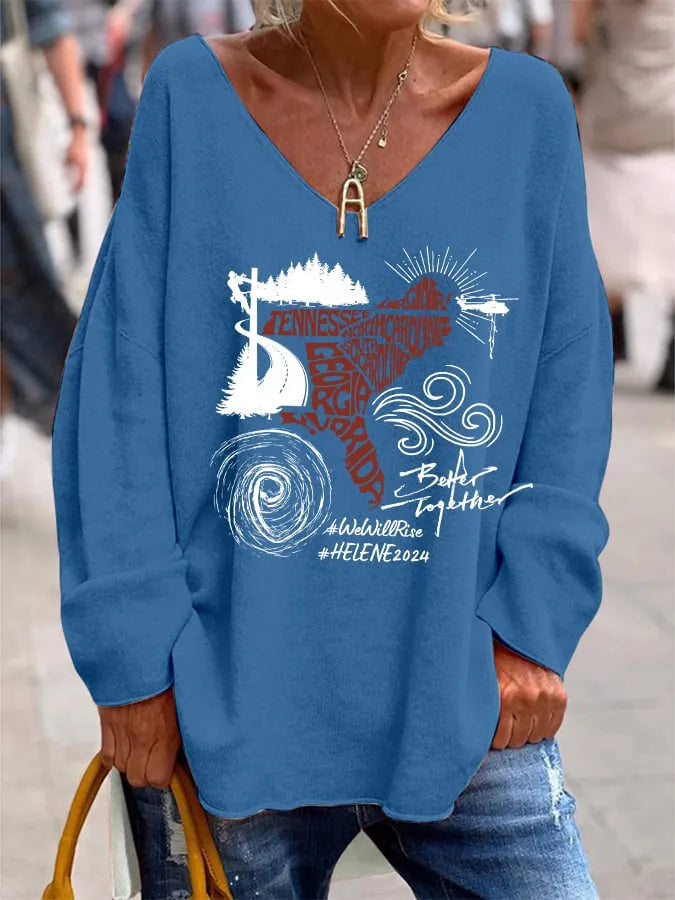 Women's loose fit V-neck long sleeve top in brushed milk silk with digital printing pattern