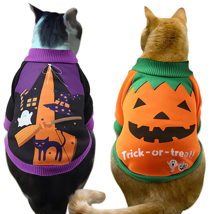 Halloween pet costume with pumpkin design on small cat, available in purple and yellow colours with multiple size options