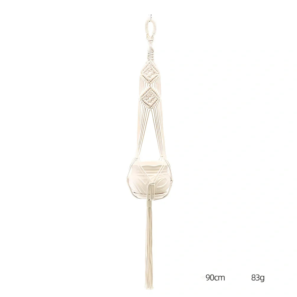 Hand-knitted cotton flowerpot net bag showing intricate pattern and hanging installation with plant