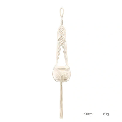 Hand-knitted cotton flowerpot net bag showing intricate pattern and hanging installation with plant
