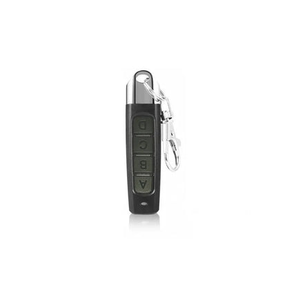 Rolling door remote control transmitter in four colour options showing compact 6.7cm design