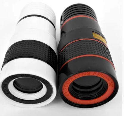 12X magnification black phone telescope lens extended next to a smartphone with mounting clip
