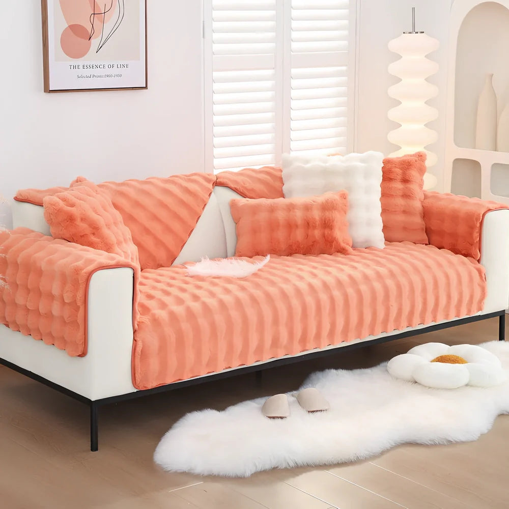 Flannelette sofa cushion with bubble plush texture in square pattern, available in multiple sizes and colours